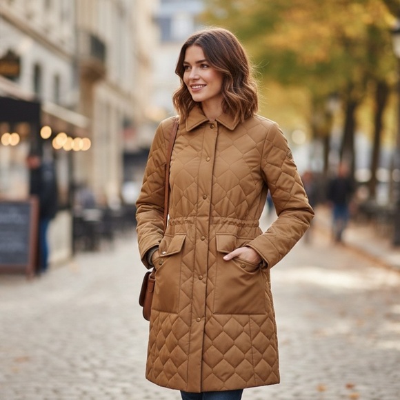 Talbots Jackets & Blazers - Talbots Tan Quilted Snap Button Cinch Waist Midi-Length Coat Size Large Petite